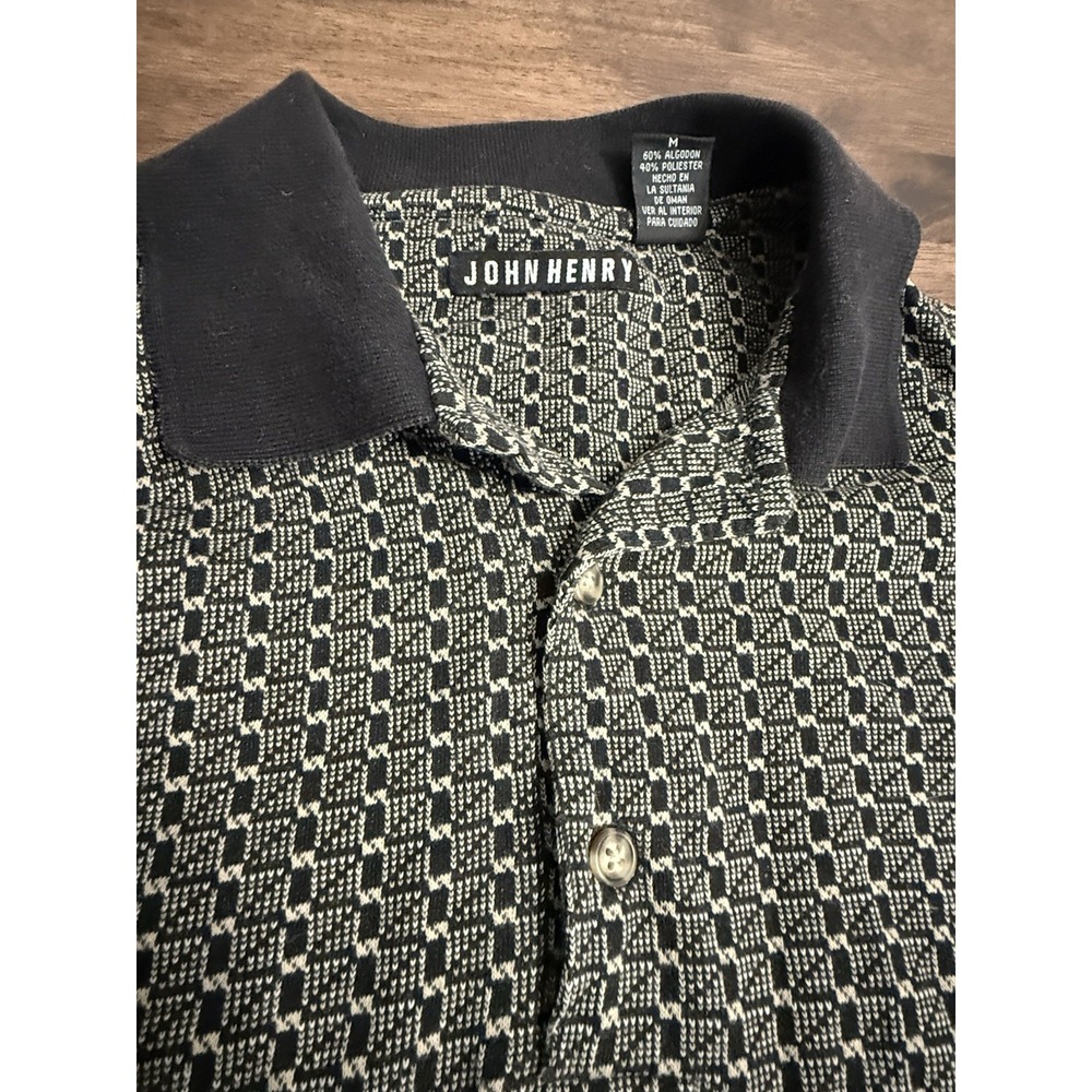 VTG John Henry Long Sleeve Polo All Over Geometric Print Grandpa-Core Black